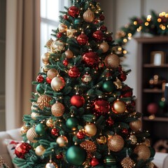 Wall Mural - A beautifully decorated Christmas tree with ornaments in green, red, and gold, accented by natural wooden decorations.