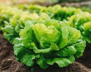 Wall Mural - Fresh green lettuce grows abundantly in rich soil, showcasing vibrant leaves under natural light in a bountiful garden setting.