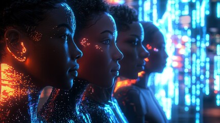 Poster - Futuristic women empowerment urban setting digital art neon environment close up diversity and technology