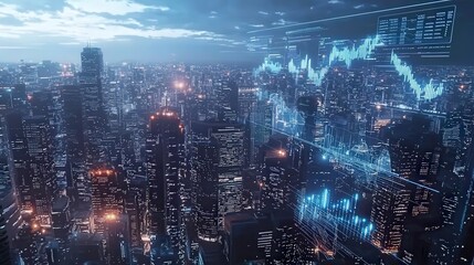 Aufkleber - Futuristic eco-city skyline urban sustainability global innovation digital era nightscape aerial view