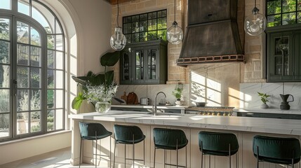 Poster - Kitchen of a luxury stone townhouse with green accents.