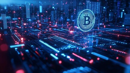 Poster - Futuristic financial hub showcasing blockchain technology in a digital cityscape environment