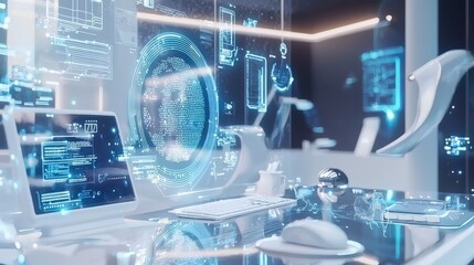 Poster - Futuristic workspace featuring advanced devices modern office digital environment tech innovation immersive design