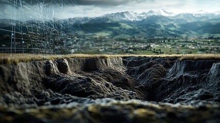 Poster - a detailed virtual landslide risk map overlaid with a simulated 3d model of soil movement leaving am