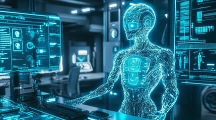 Poster - Advancing ai technology a glowing humanoid in a high-tech workspace futuristic environment digital art close-up