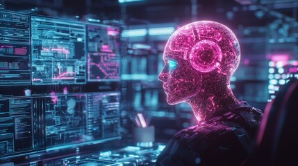 Fototapete - Humanoid ai technology unveiled in a high-tech workspace digital art futuristic environment cybernetic perspective