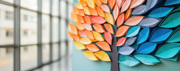 Aufkleber - A vibrant, paper-crafted tree with colorful leaves stands against a window, showcasing creativity and artistry in design.
