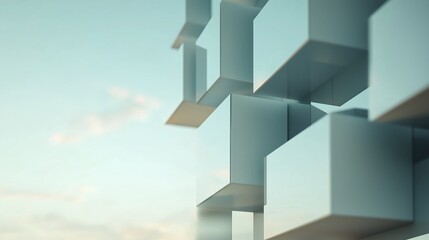 Poster - Modern architectural design featuring abstract geometric shapes under a clear blue sky with soft clouds