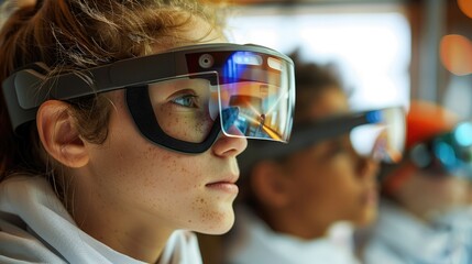 Poster - Students view historical events or scientific concepts through AR glasses, integrating the virtual world with the real world.
