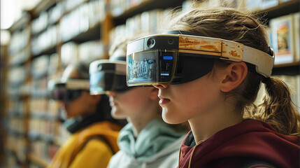 Poster - Students view historical events or scientific concepts through AR glasses, integrating the virtual world with the real world.