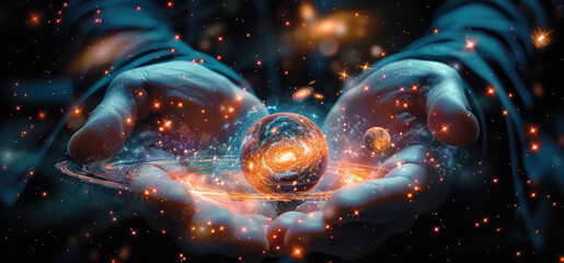 Leinwandbilder - A glowing pair of hands holding a small, pulsating model of the universe, with stars, planets, and energy streams swirling around.