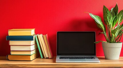 Wall Mural - Desk with laptop, books, plant, red wall.