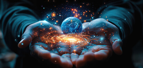 Poster - A glowing pair of hands holding a small, pulsating model of the universe, with stars, planets, and energy streams swirling around.