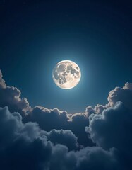 Poster - A luminous moon hangs in a dark sky, surrounded by soft clouds that create a dreamy ambiance. The scene invites quiet moments of reflection and wonder under the stars. Generative AI