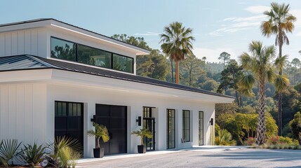 Aufkleber - Modern white garage of luxury white farmhouse with views of the rolling hills and palm trees.