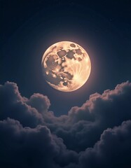Poster - A luminous moon hangs in a dark sky, surrounded by soft clouds that create a dreamy ambiance. The scene invites quiet moments of reflection and wonder under the stars. Generative AI
