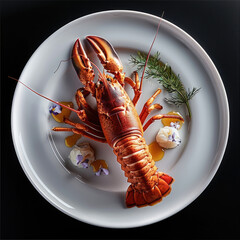 Sticker - Steamed lobster on a white plate, top view, delicious, fresh, in the black background, warm light.