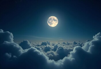 Poster - A luminous moon hangs in a dark sky, surrounded by soft clouds that create a dreamy ambiance. The scene invites quiet moments of reflection and wonder under the stars. Generative AI
