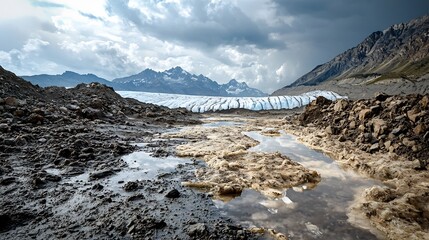 Poster - Detailed glacier retreat map combined with a virtual twin simulation showcasing the rates of ice melt leaving copy space on the right side for additional information or text overlays