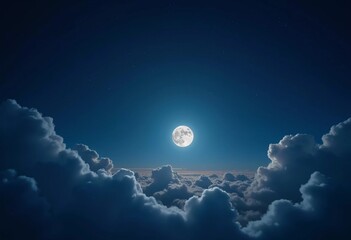 Poster - A luminous moon hangs in a dark sky, surrounded by soft clouds that create a dreamy ambiance. The scene invites quiet moments of reflection and wonder under the stars. Generative AI