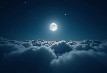 Poster - A luminous moon hangs in a dark sky, surrounded by soft clouds that create a dreamy ambiance. The scene invites quiet moments of reflection and wonder under the stars. Generative AI