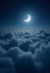 Poster - A luminous moon hangs in a dark sky, surrounded by soft clouds that create a dreamy ambiance. The scene invites quiet moments of reflection and wonder under the stars. Generative AI