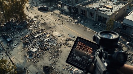 Poster - a detailed earthquake aftermath map showcasing the use of a virtual twin technology to analyze build