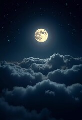 Poster - A luminous moon hangs in a dark sky, surrounded by soft clouds that create a dreamy ambiance. The scene invites quiet moments of reflection and wonder under the stars. Generative AI
