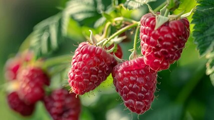 Wall Mural - close up of raspberries on the bush in summer garden