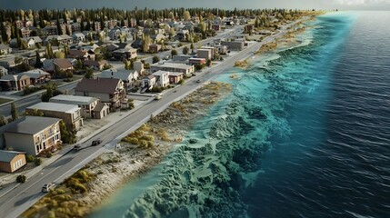 Poster - Tsunami Evacuation Map with Virtual Twin Simulation for Optimized Escape Routes and Copy Space  The image shows a detailed topographic map overlaid with a virtual 3D simulation model