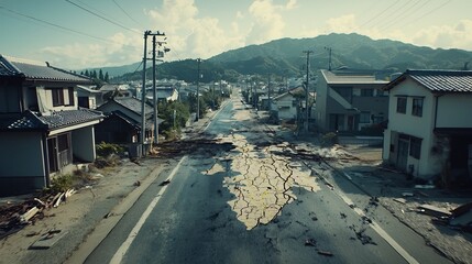 Poster - A photograph of a tsunami evacuation map overlaid with a virtual twin simulating escape route optimization leaving copy space on the left for additional information or design elements