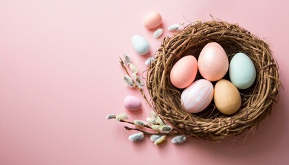 Wall Mural - A pastel pink background with a soft brown nest holding colorful pastel Easter eggs