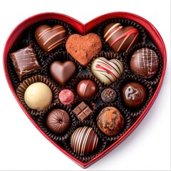Poster - A red velvet, heart-shaped chocolate box slightly opened to reveal an assortment of chocolates, isolated on white background.