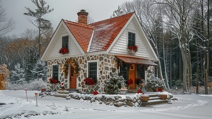 Poster - Small festive house during the holidays, white wood exterior with stone lower half, cedar door, red roof with a touch of snow, Christmas decorations.