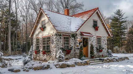 Poster - Small festive house during the holidays, white wood exterior with stone lower half, cedar door, red roof with a touch of snow, Christmas decorations.
