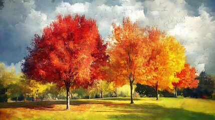 Canvas Print - Two vibrant autumn trees in a park, showcasing red and gold foliage under a partly cloudy sky.