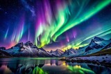Panoramic Aurora Borealis Mountain Landscape - Night Sky Photography, Northern Lights, Arctic Winter Scenery