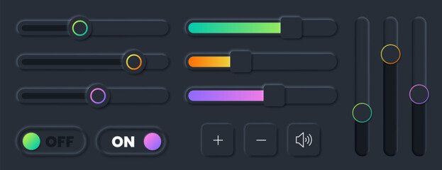 Fototapete - Vector set of scroll bar icons, sliders, scrollbar volume. Grey ui controls web elements for website, app user interface or internet page. Brightness controller, turn on and off toggle switch buttons
