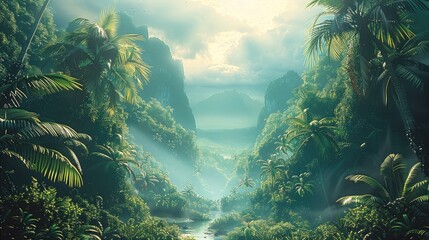 Wall Mural - Natural tropical jungle, lush green leaf foliage, vibrant nature.