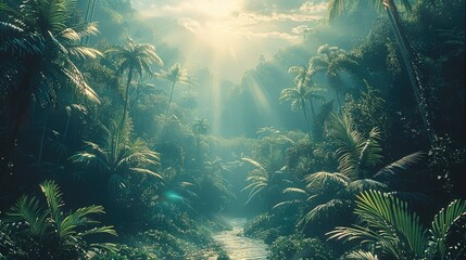 Poster - Natural tropical jungle, lush green leaf foliage, vibrant nature.
