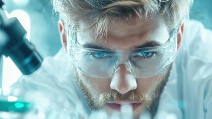 Poster - a scientist in a lab coat peering through a microscope, surrounded by beakers, test tubes, and advan