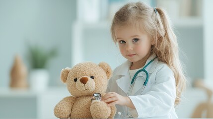 Poster - a little girl dressed in a doctor coat using a toy stethoscope on a teddy bear, engaging in imaginat