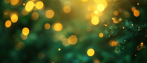 Poster - Soft Bokeh Effect with Warm Golden Lights Against a Green Background for Natural and Festive Atmosphere