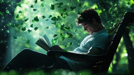 Poster - a man deeply engrossed in reading a book while sitting on a park bench, surrounded by nature and enj