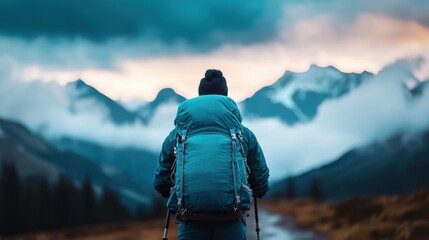 Poster - a person hiking on a scenic mountain trail, with a backpack and hiking poles, showcasing their deter