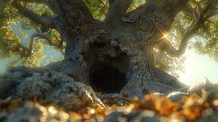 Poster - A large tree with a hole in the middle of the tree.