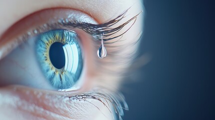 A person applying eye drops, with a focus on the drop falling into the eye and providing relief from dryness or irritation.