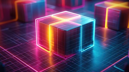 Poster - An isometric grid of hexagonal prisms, blending vibrant gradients of magenta, cyan, and yellow, with crisp edges and glowing accents, creating a modern and energetic 3D effect.