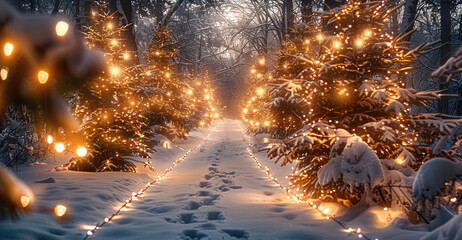 Poster - A snowy forest, twinkling fairy lights on evergreen trees, glowing ornaments, magical and serene atmosphere.