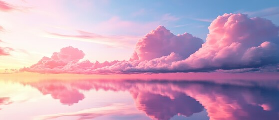 Wall Mural - Beautiful Pink and Magenta 3D Clouds Reflected on The Ground Under a Serene Sky at Dusk with Dreamlike Atmosphere and Vibrant Colors